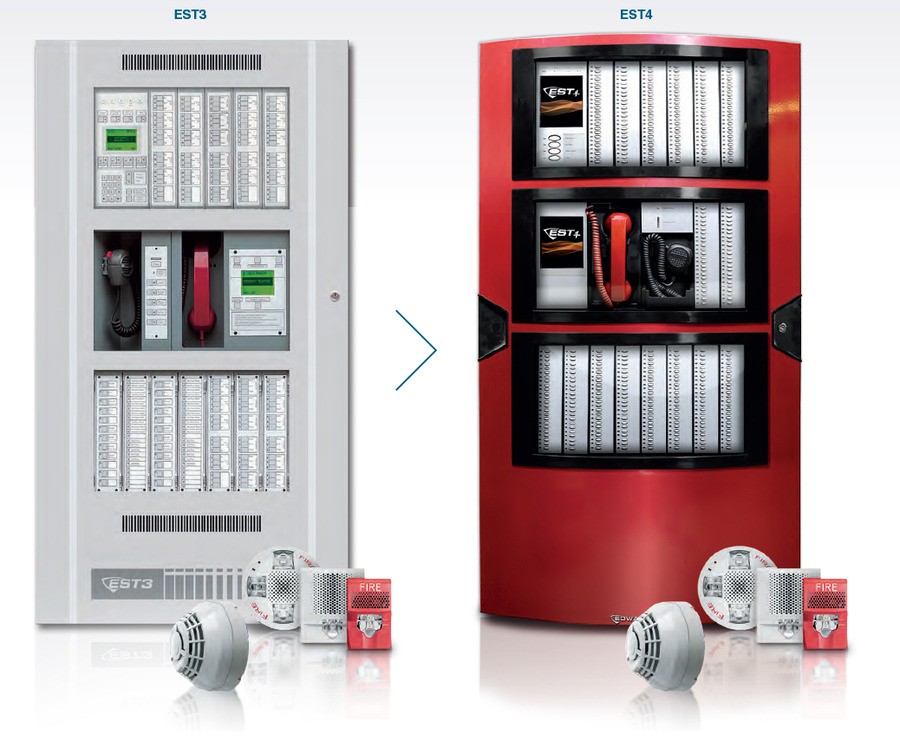 A comparison between an EST 3 alarm system on the left and an EST 4 system on the right.